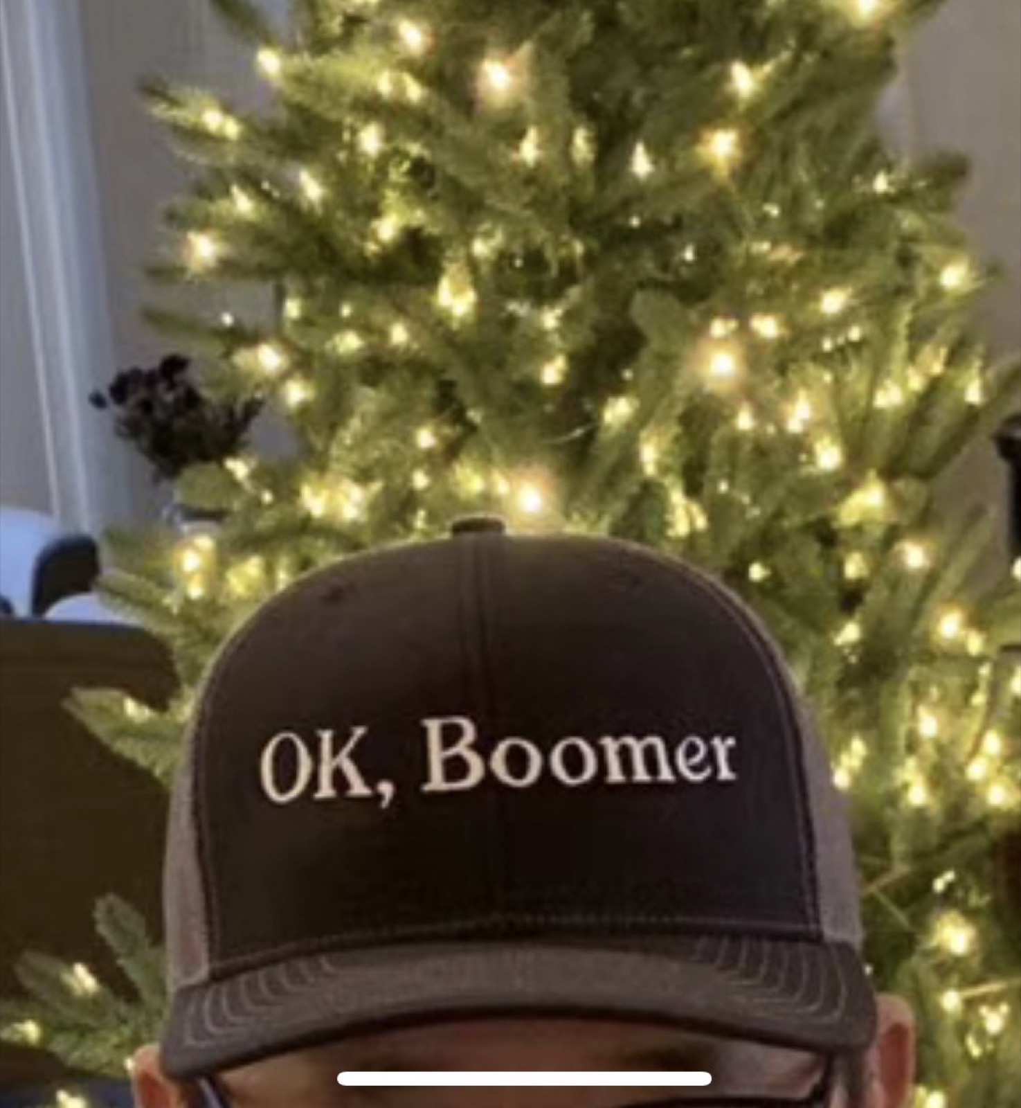 一顶深色棒球帽，帽檐上方绣着白色的 OK, Boomer，背后是一棵亮着灯的圣诞树