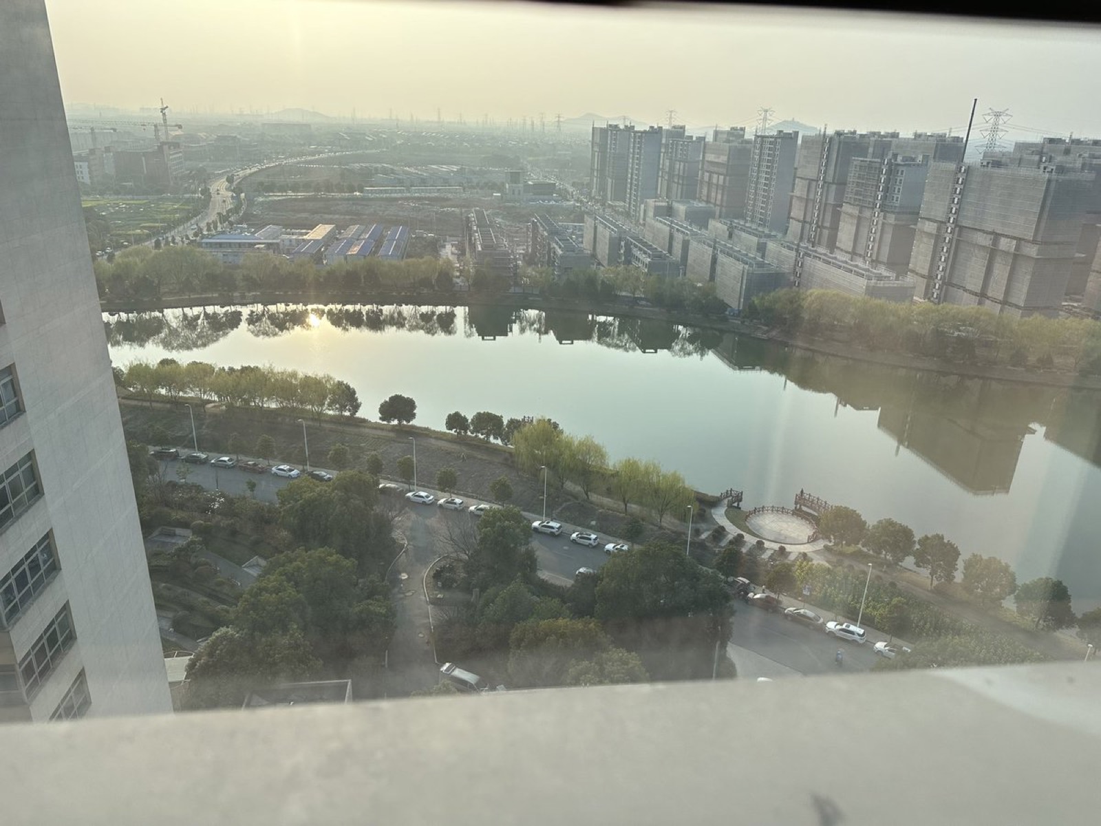 从高楼窗口往下看：一片水面、垂柳、远处在建的高楼，夕阳斜照